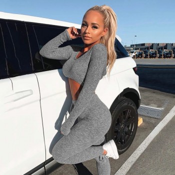 Sexy V Neck Knitted Tracksuit Two Piece Set Autumn Winter Long Sleeves Crop Tops And Long Tight Pants 2 Piece Outfits For Women